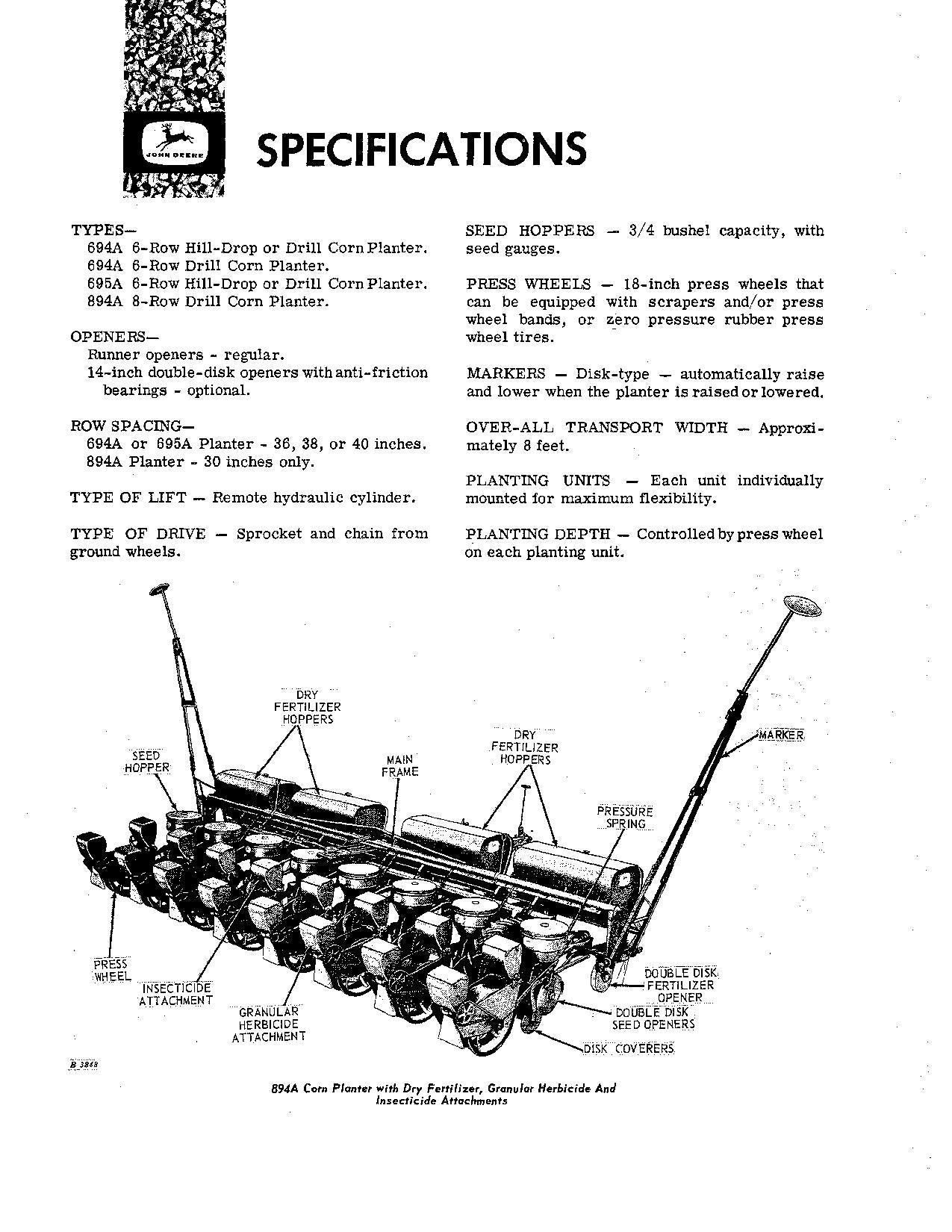 JOHN DEERE 694A 695A 894A PLANTER OPERATORS MANUAL #1