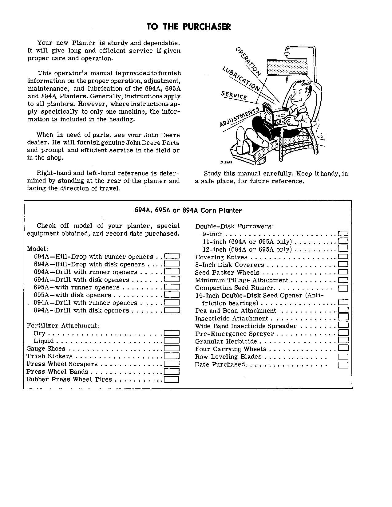 JOHN DEERE 694A 695A 894A PLANTER OPERATORS MANUAL #2