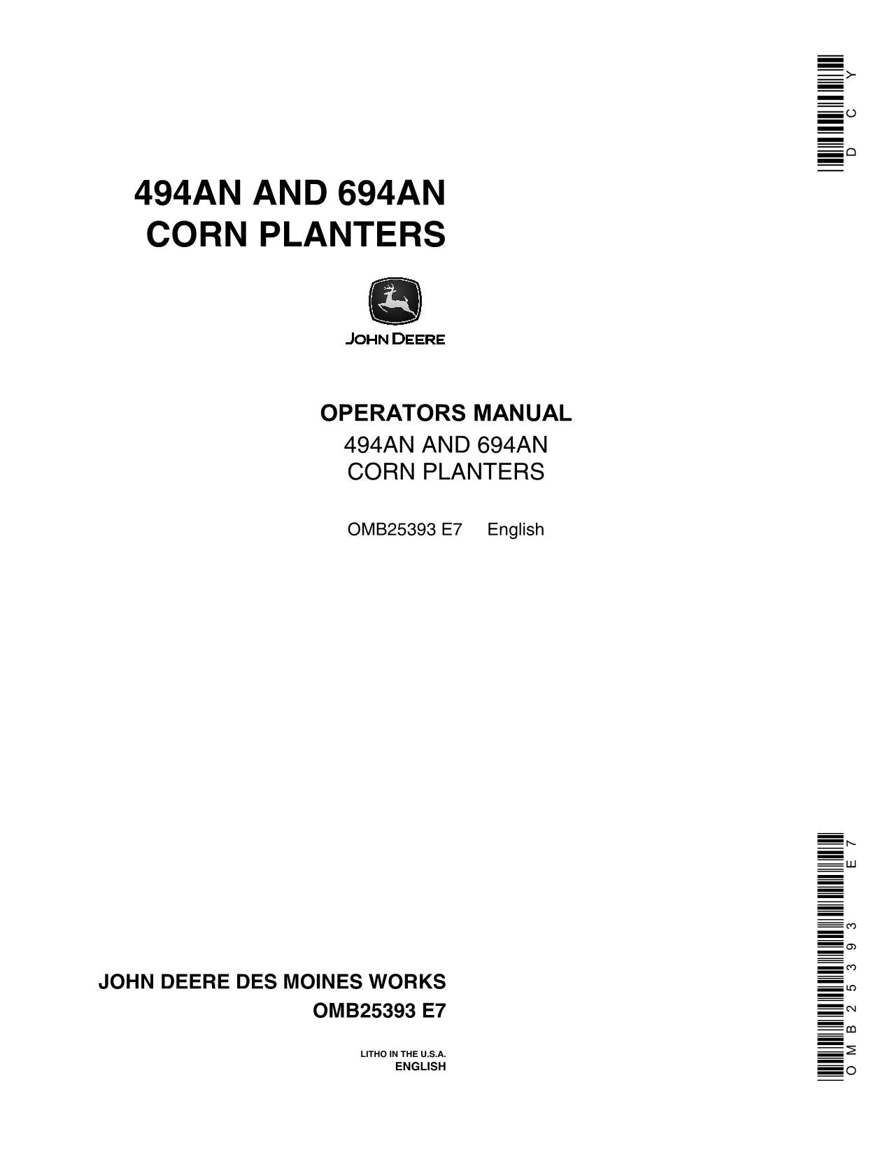 JOHN DEERE 494AN 694AN PLANTER OPERATORS MANUAL