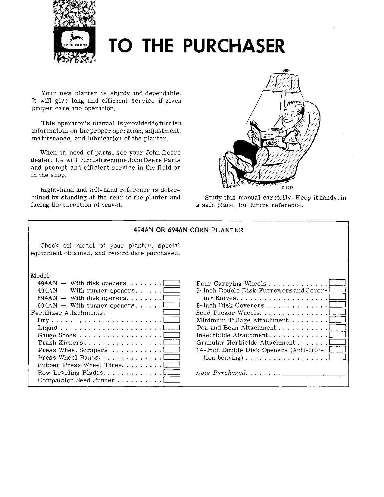 JOHN DEERE 494AN 694AN PLANTER OPERATORS MANUAL