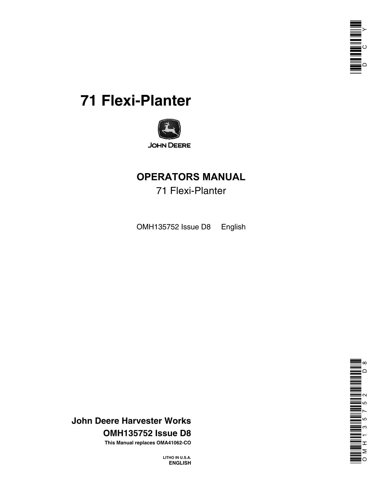 JOHN DEERE 71 PLANTER OPERATORS MANUAL