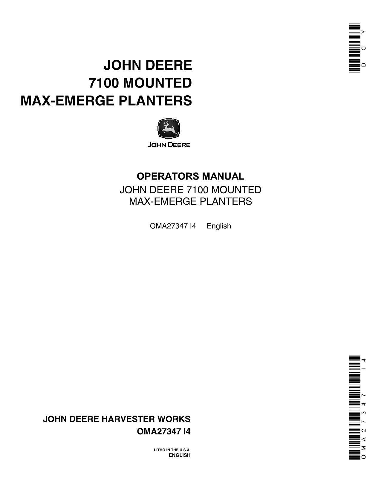 JOHN DEERE 7100 MOUNTED MAXEMERGE PLANTER OPERATORS MANUAL #3