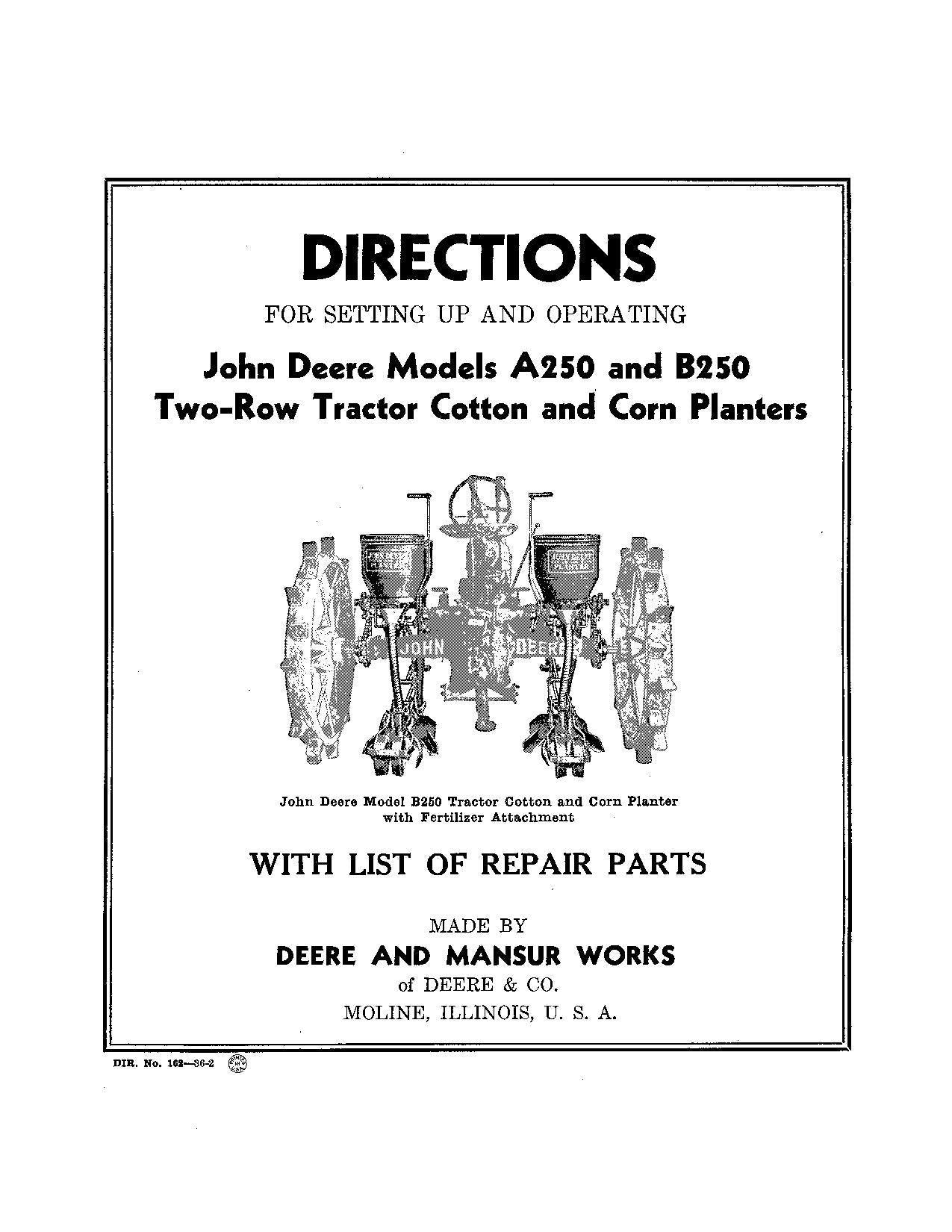 JOHN DEERE A250 B250 PLANTER OPERATORS MANUAL