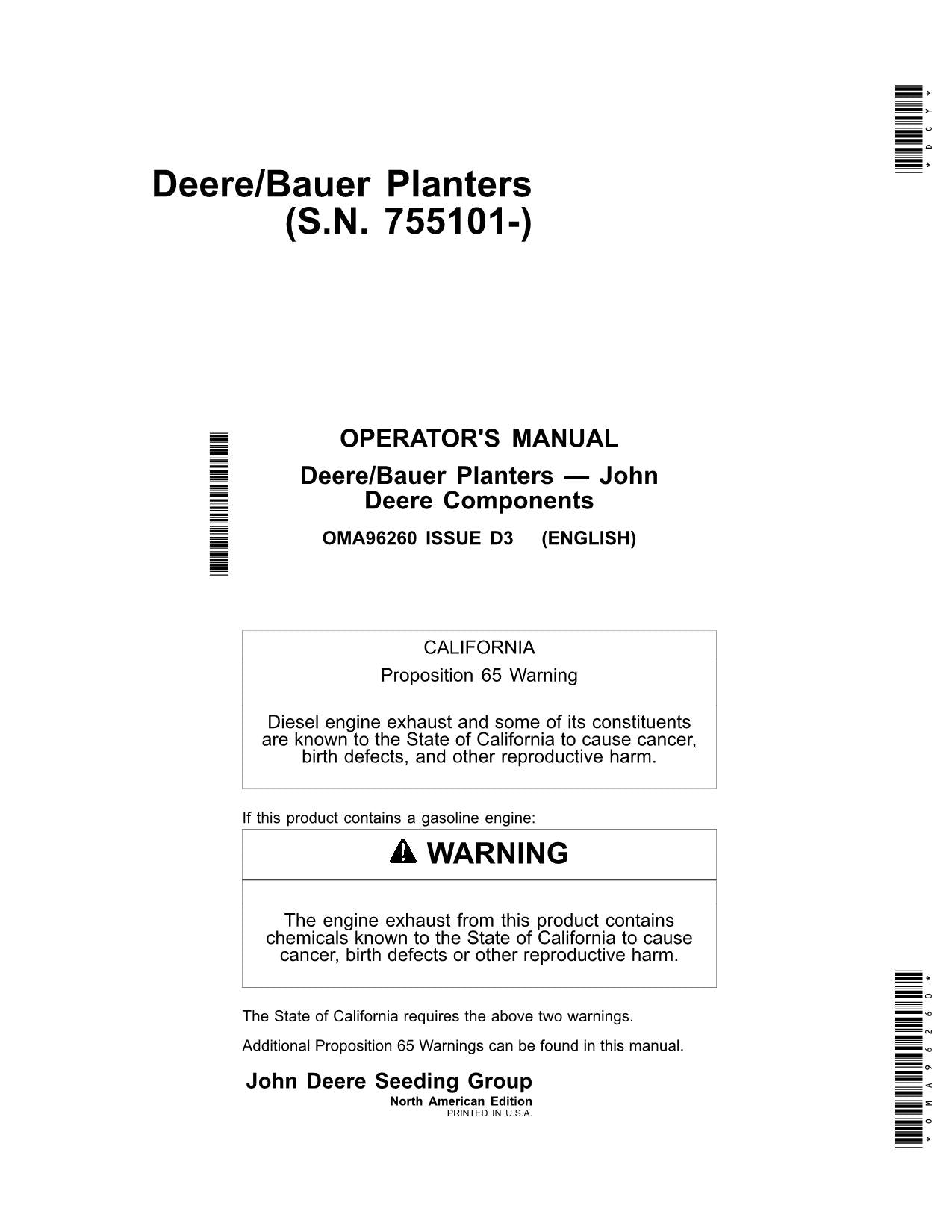 JOHN DEERE DB120 DB44 DB60 DB66 DB80 DB88 DB90 DBP44 Pflanzmaschine Bedienungsanleitung Nr. 1