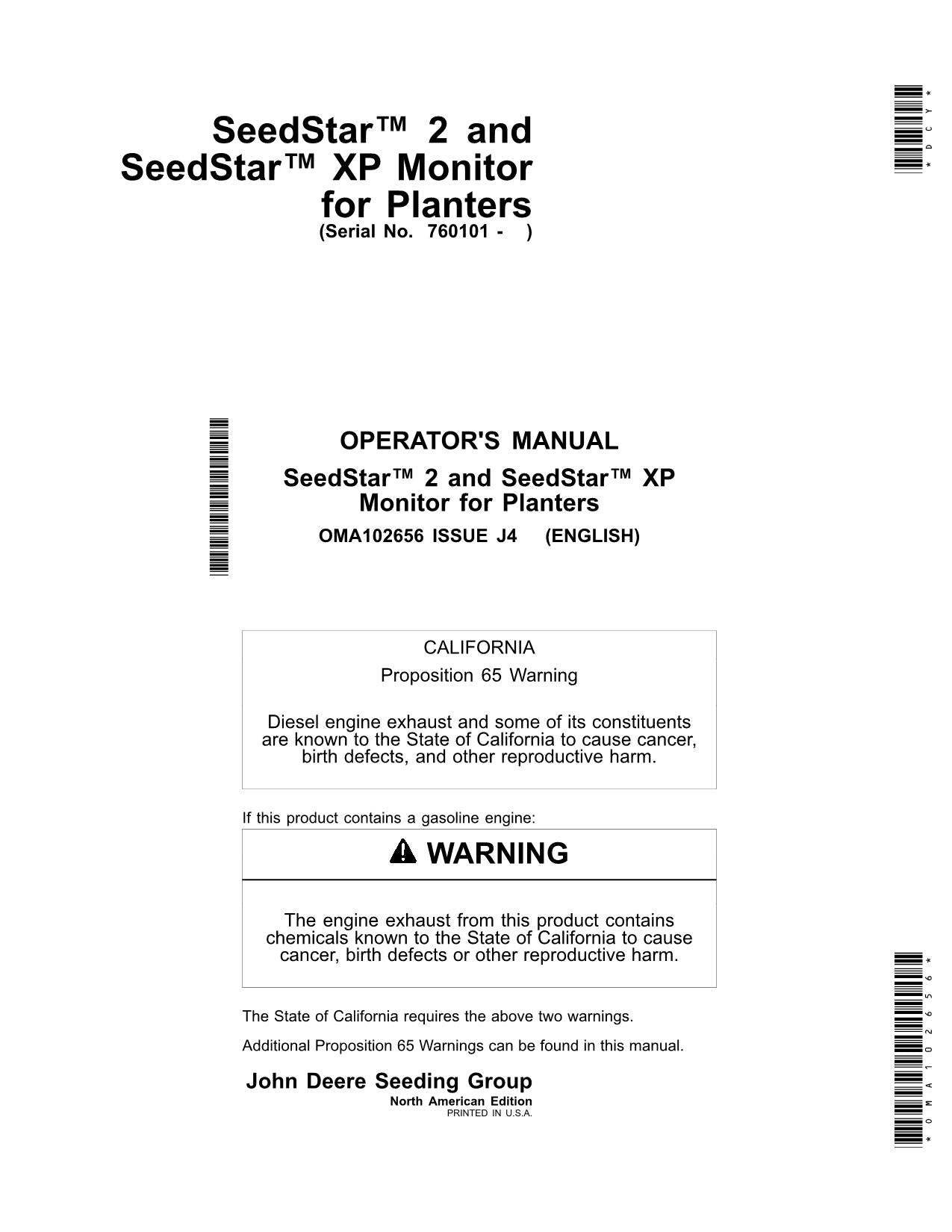 JOHN DEERE SEEDSTAR 2 SEEDSTAR XP MONITOR PLANTER BEDIENUNGSANLEITUNG 760101-765100