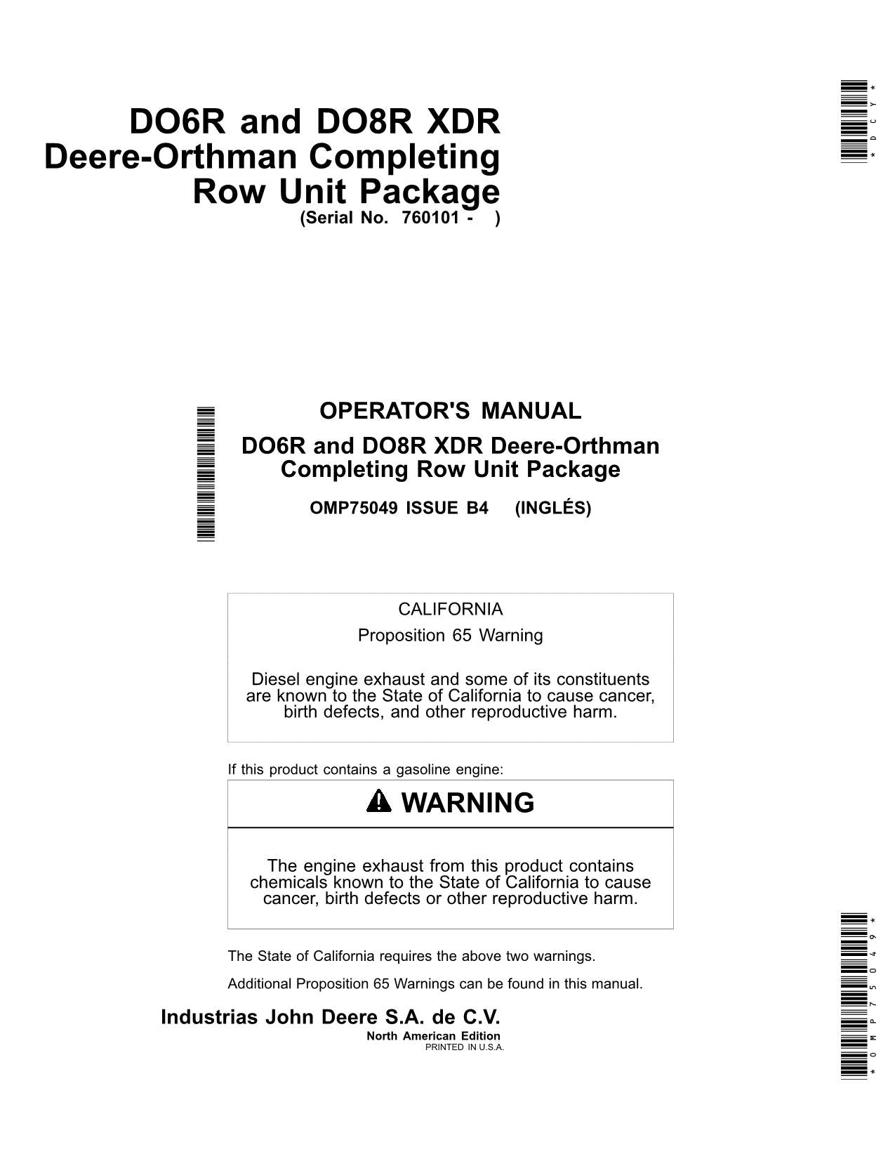 JOHN DEERE DO6R DO8R XDR PLANTER OPERATORS MANUAL