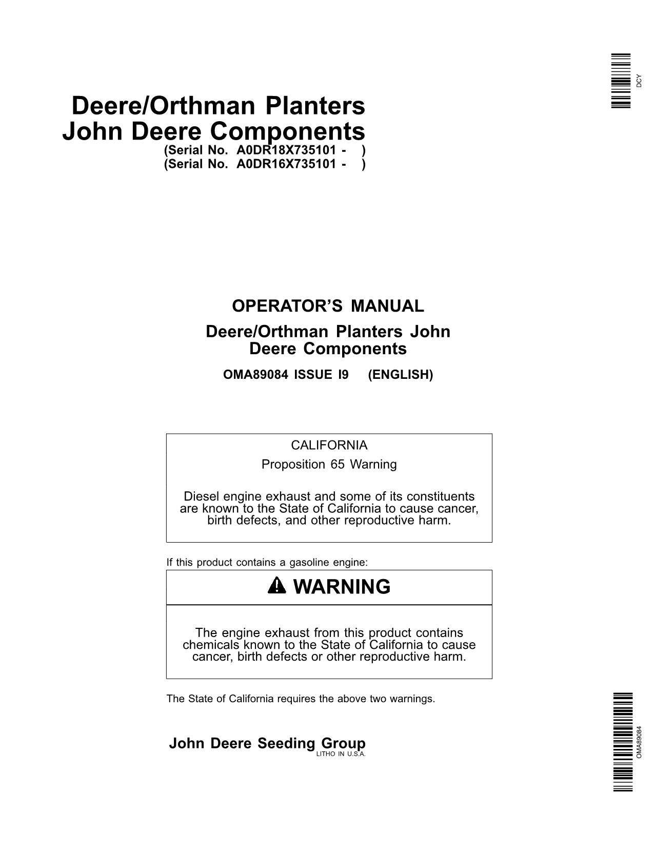 JOHN DEERE ORTHMAN DR12 DR16 DR18 DR24 PLANTER OPERATORS MANUAL