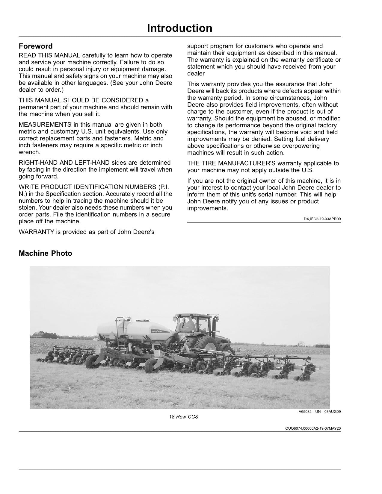 JOHN DEERE DR12  DR16  DR18  DR24 PLANTER OPERATORS MANUAL 790101-