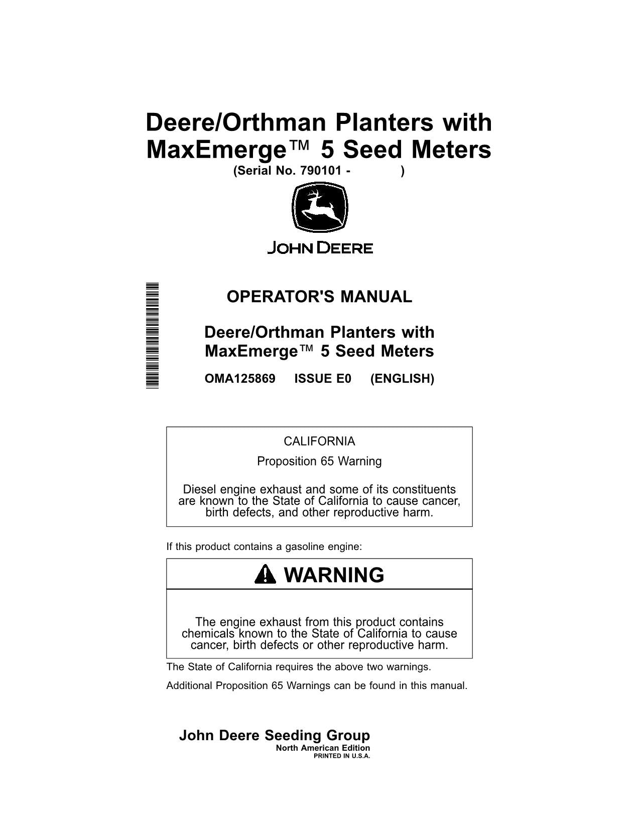 JOHN DEERE DR12  DR16  DR18  DR24 PLANTER OPERATORS MANUAL 790101-