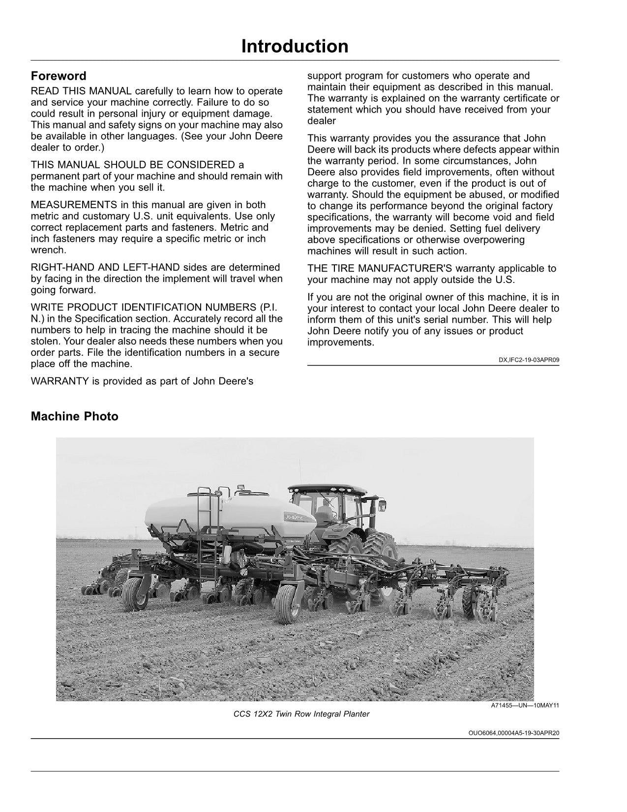 JOHN DEERE DR12  12X2 TWIN-ROW PLANTER OPERATORS MANUAL