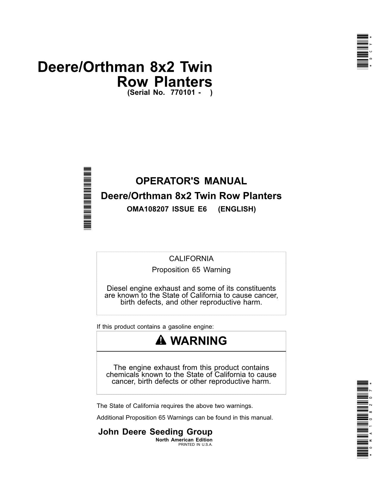 JOHN DEERE DR8T  ORTHMAN PLANTER OPERATORS MANUAL