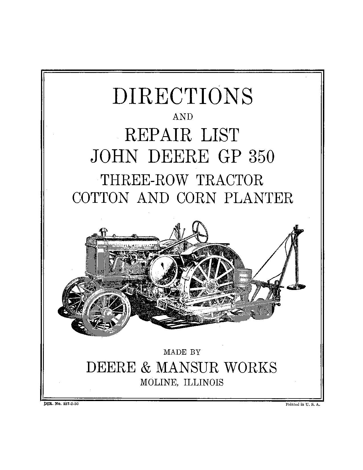 JOHN DEERE GP350 PLANTER OPERATORS MANUAL