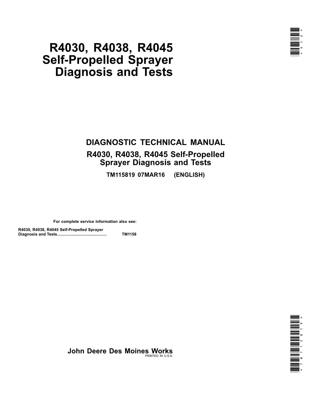 MANUEL D'ENTRETIEN ET DE DIAGNOSTIC DU PULVÉRISATEUR JOHN DEERE R4030 R4038 R4045 TM115819