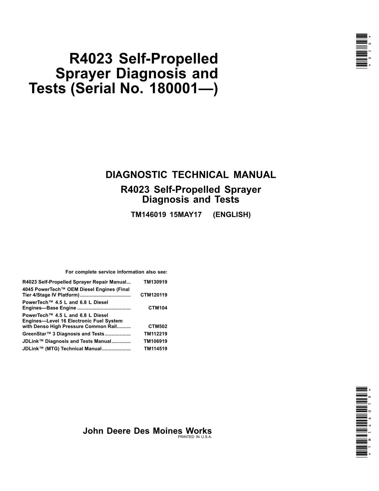 JOHN DEERE R4023 SPRAYER DIAGNOSTIC SERVICE TECHNICAL MANUAL TM146019