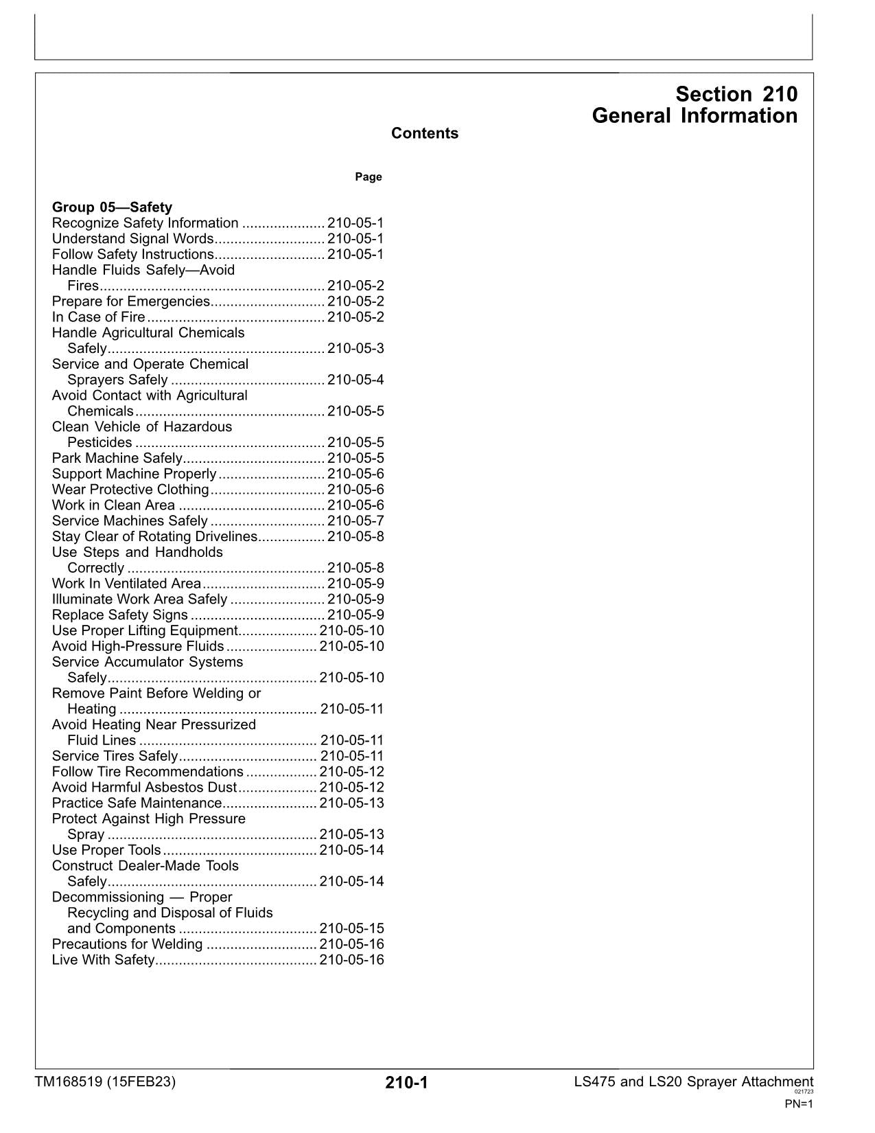 JOHN DEERE LS475 SPRAYER DIAGNOSTIC SERVICE MANUAL TM168519