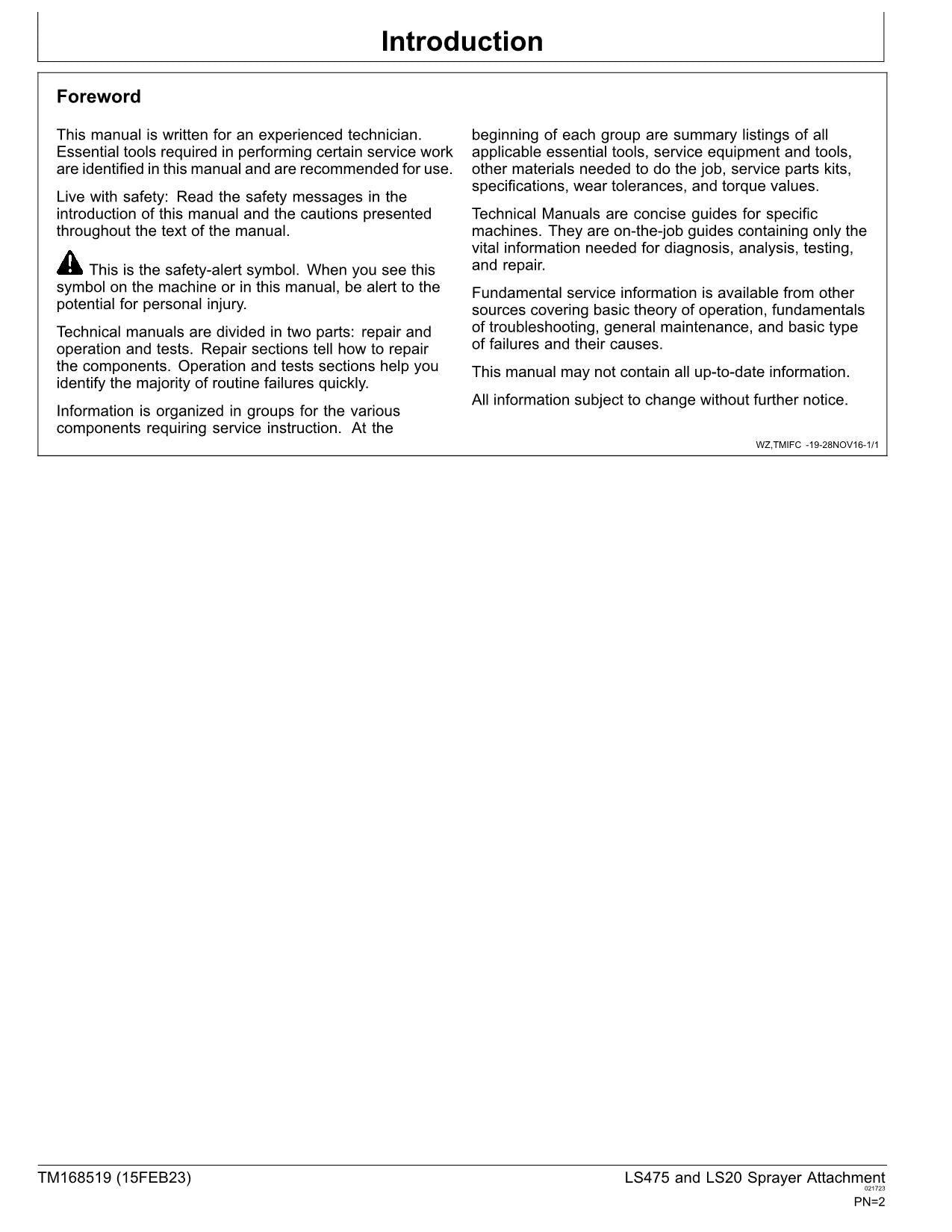 JOHN DEERE LS475 SPRAYER DIAGNOSTIC SERVICE MANUAL TM168519