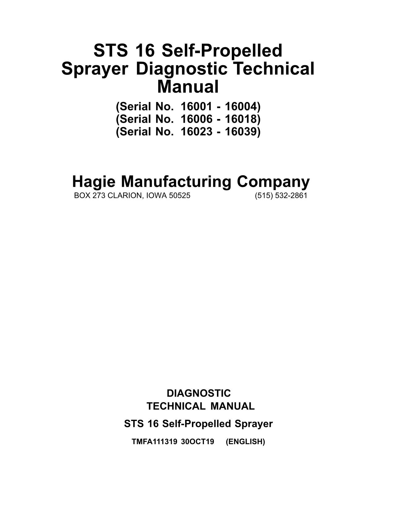 JOHN DEERE STS16 SPRAYER DIAGNOSTIC SERVICE TECHNICAL MANUAL MFA111319