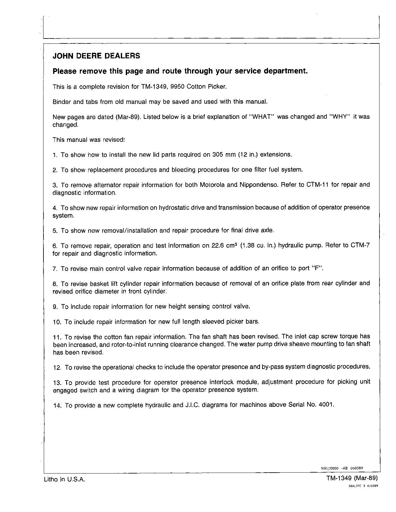 JONH DEERE 9950 COTTON PICKER REPAIR SERVICE TECHNICAL MANUAL TM1349