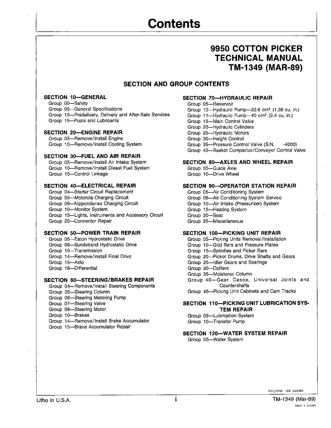 JONH DEERE 9950 COTTON PICKER REPAIR SERVICE TECHNICAL MANUAL TM1349