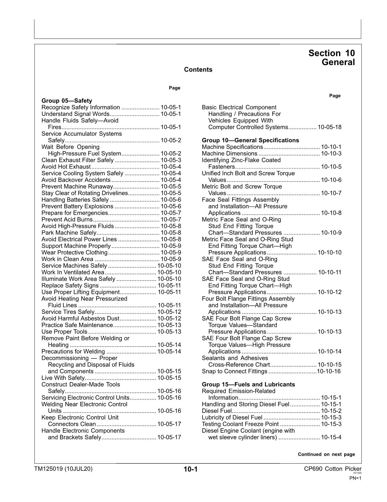 JONH DEERE CP690 COTTON PICKER REPAIR SERVICE MANUAL TM125019