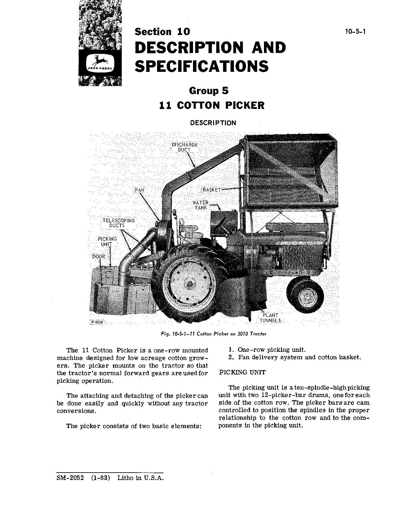 JONH DEERE 299 COTTON PICKER SERVICE MANUAL SM2052