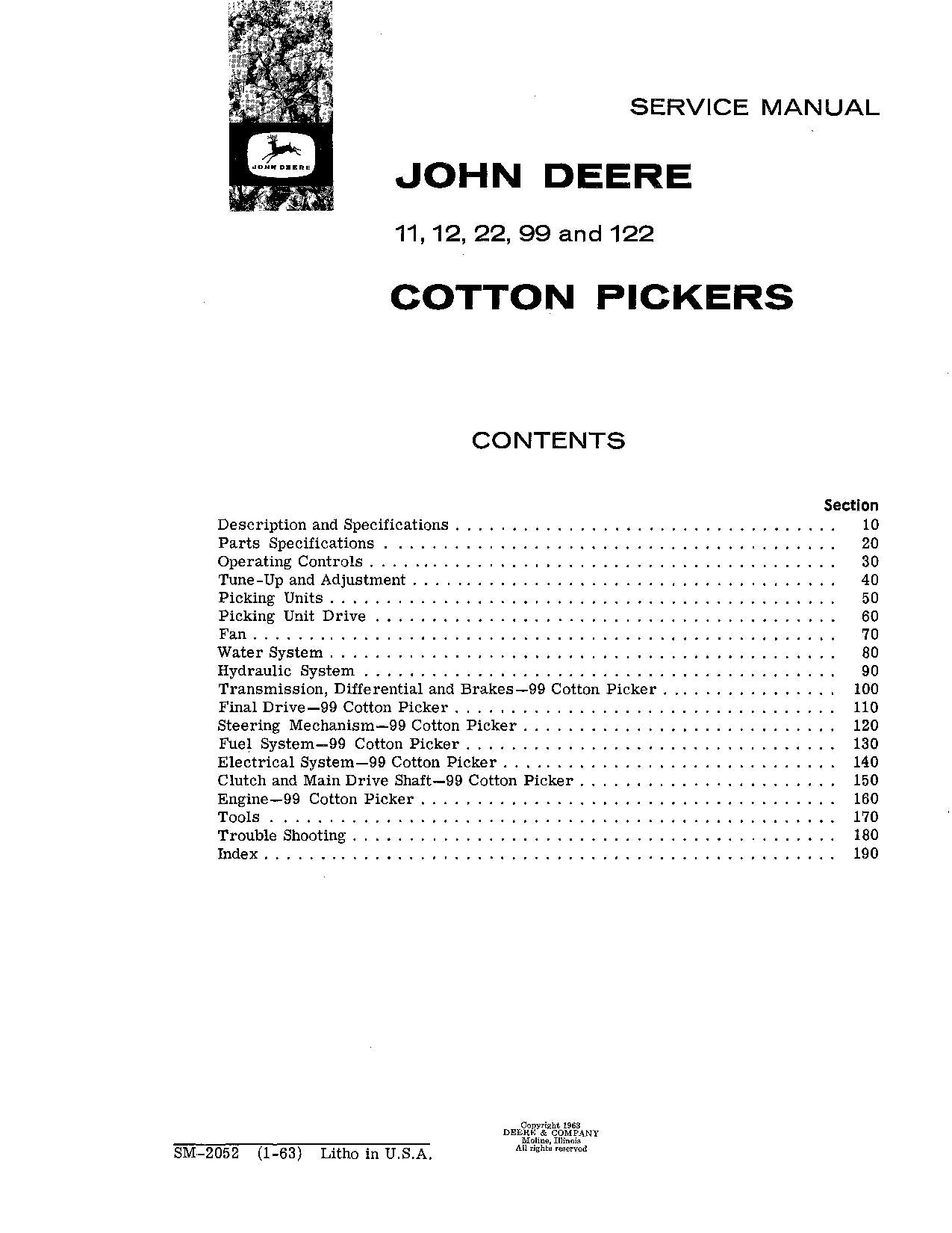 JONH DEERE 299 COTTON PICKER SERVICE MANUAL SM2052