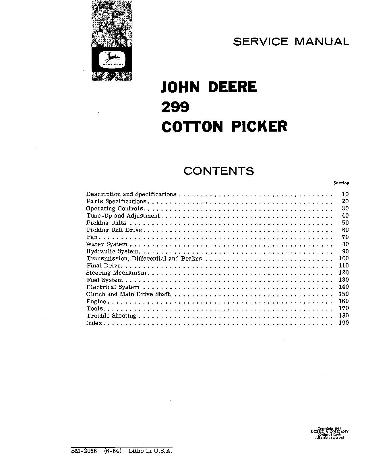 JONH DEERE 299 COTTON PICKER SERVICE MANUAL SM2056