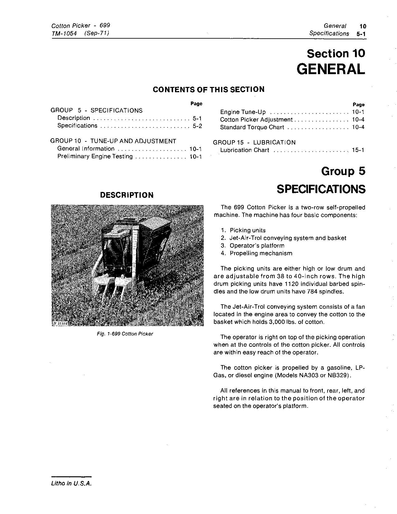 JONH DEERE 699 COTTON PICKER SERVICE MANUAL TM1054