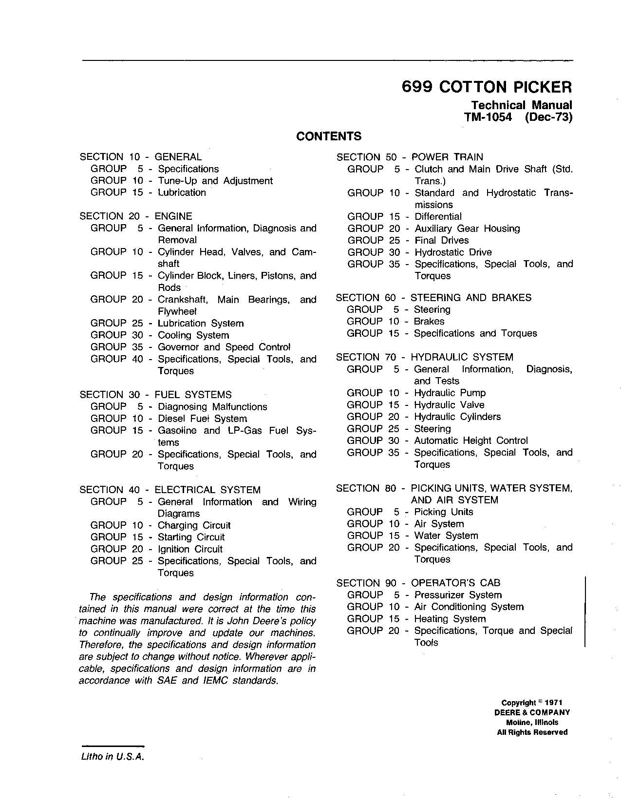 JONH DEERE 699 COTTON PICKER SERVICE MANUAL TM1054