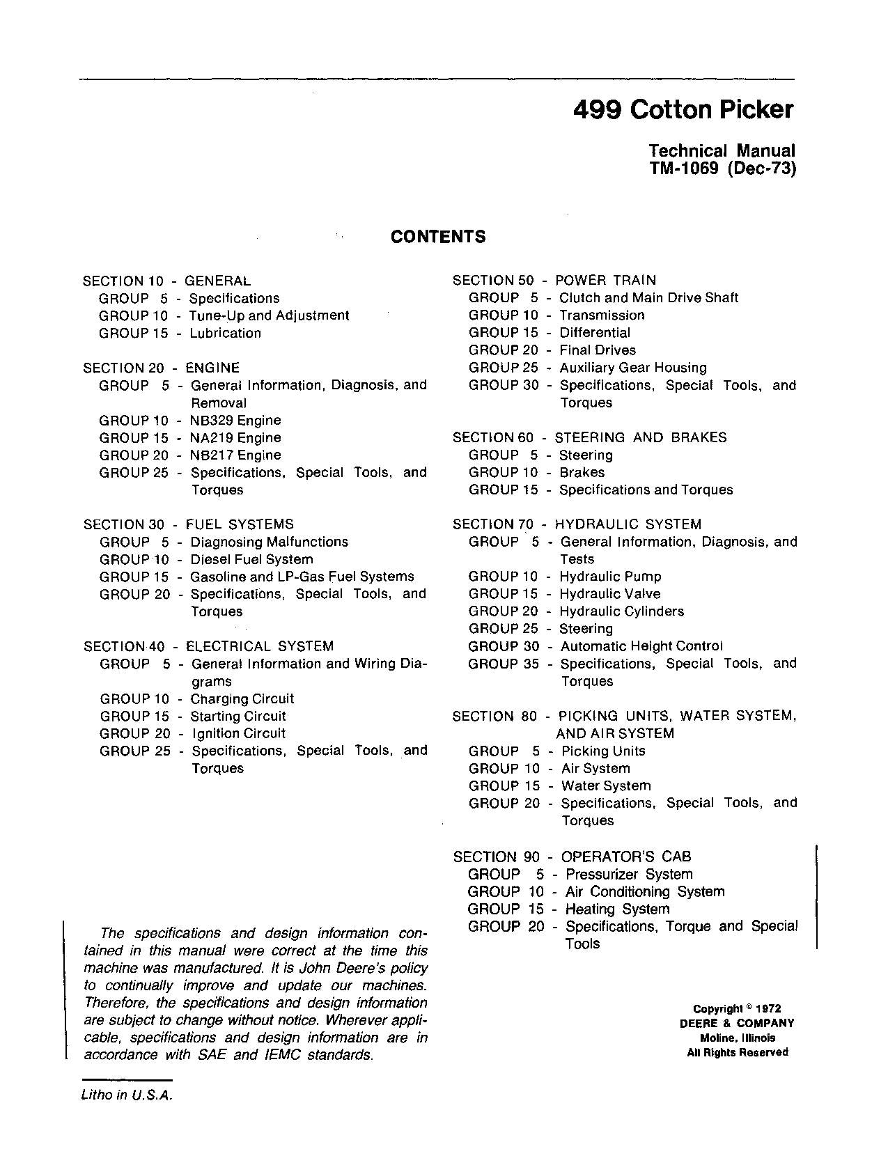 JONH DEERE 499 COTTON PICKER SERVICE MANUAL TM1069