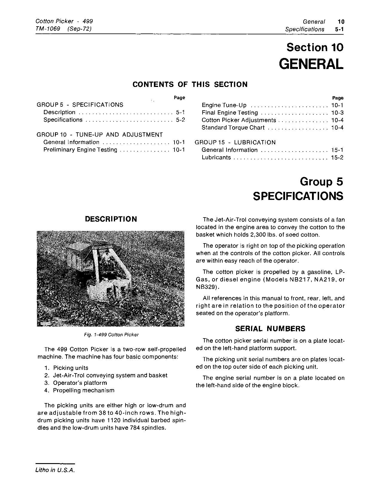 JONH DEERE 499 COTTON PICKER SERVICE MANUAL TM1069