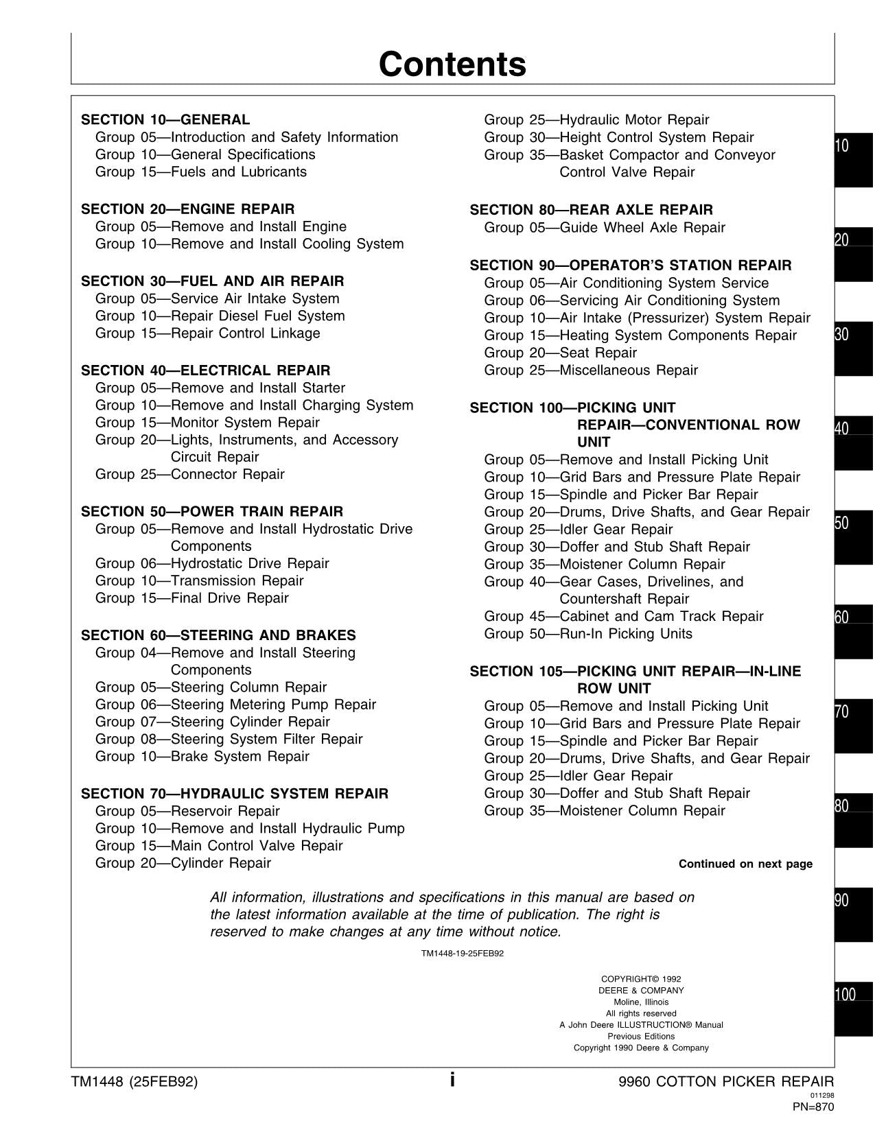 JONH DEERE 9960 COTTON PICKER REPAIR SERVICE MANUAL TM1448