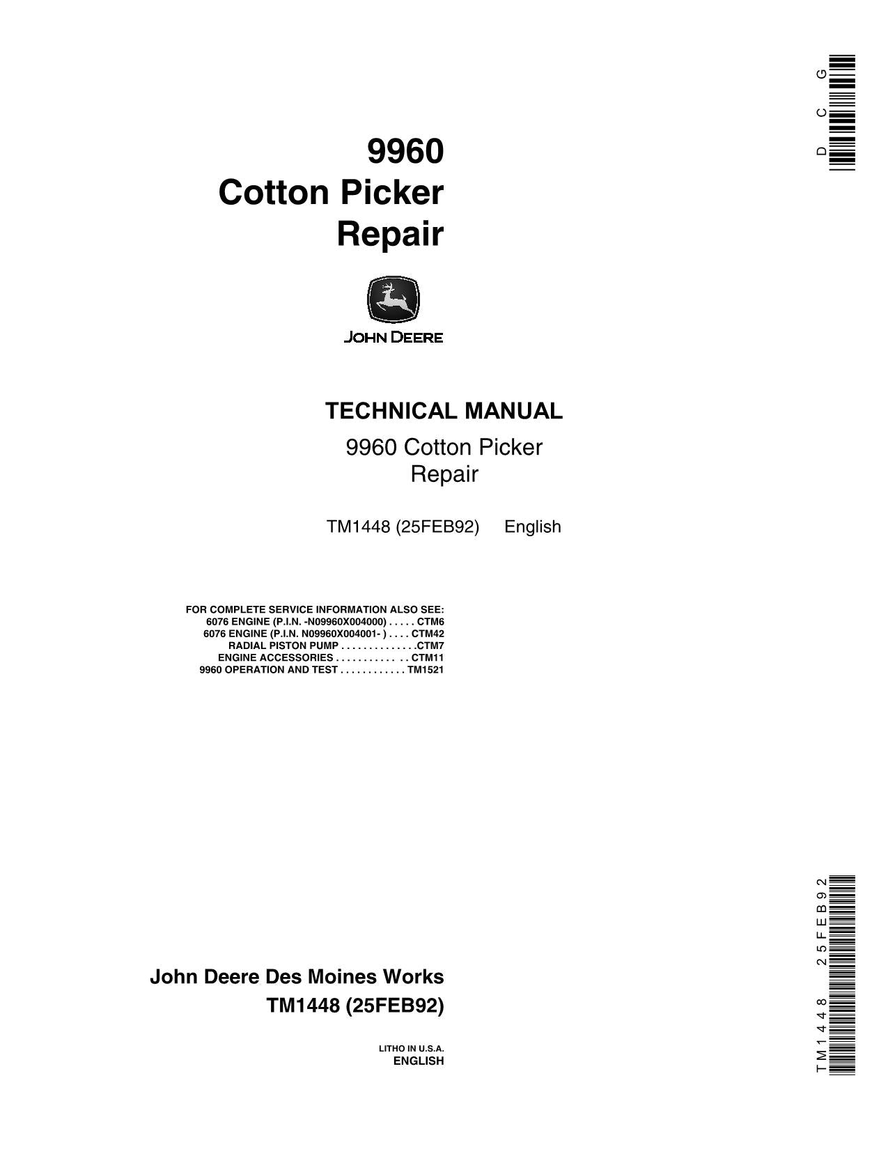 JONH DEERE 9960 COTTON PICKER REPAIR SERVICE MANUAL TM1448