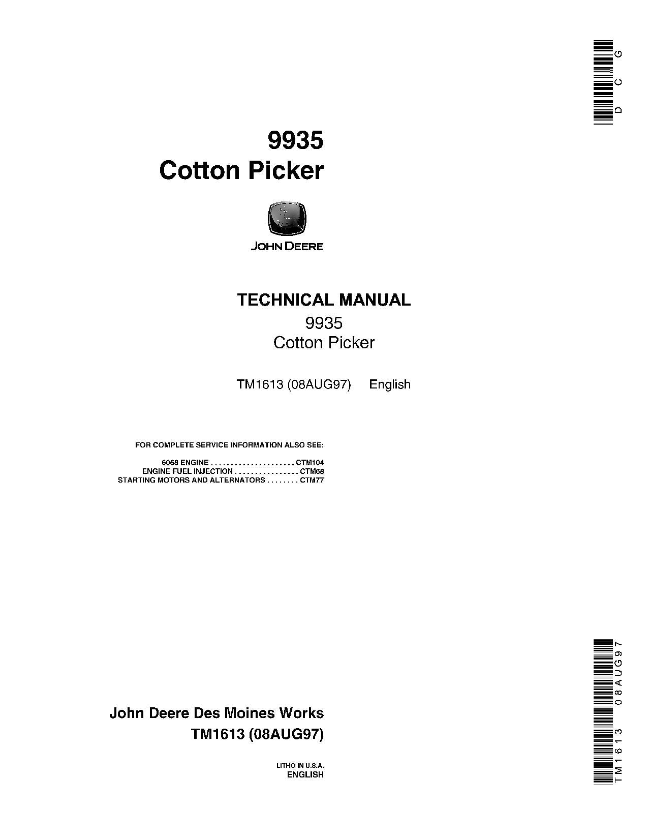 JONH DEERE 9935 COTTON PICKER SERVICE MANUAL TM1613