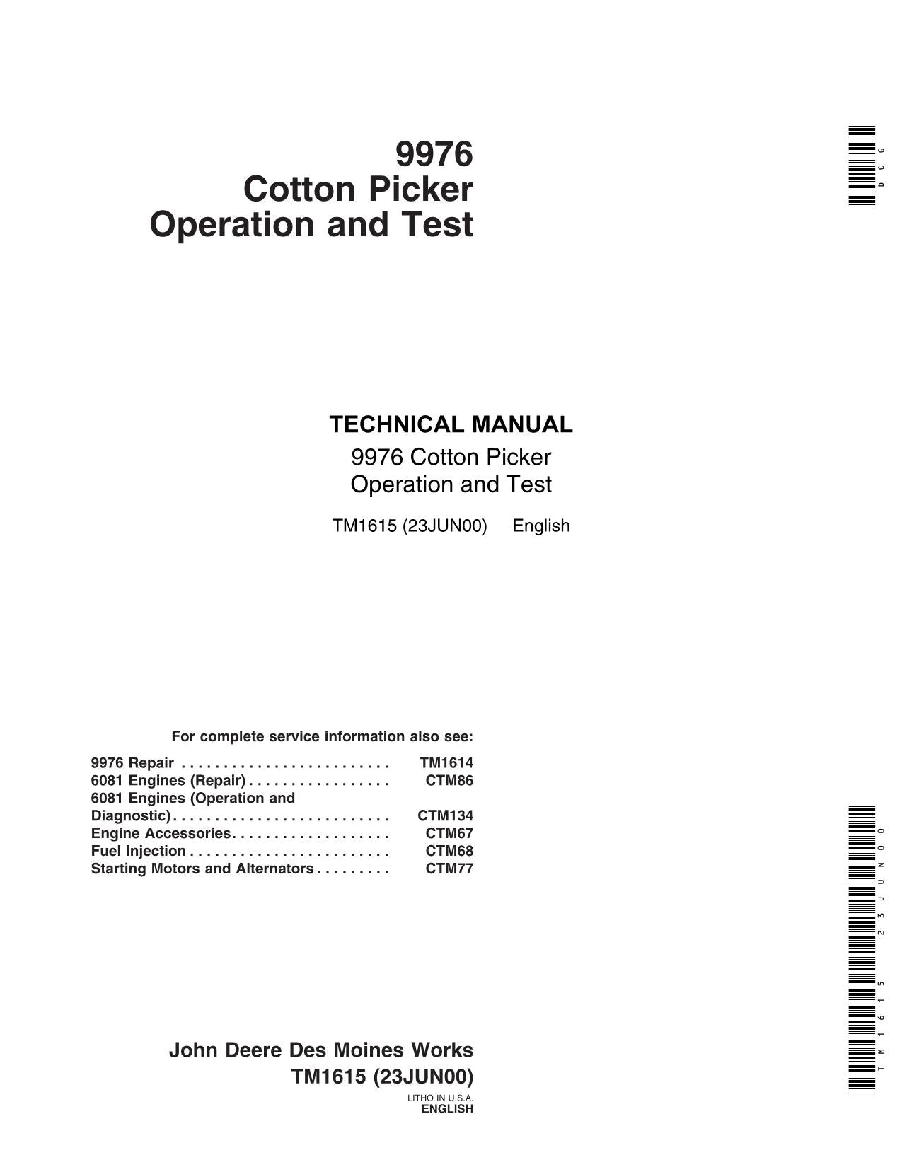 MANUEL D'ENTRETIEN DU CUEILLEUR DE COTON JONH DEERE 9976 TM1615