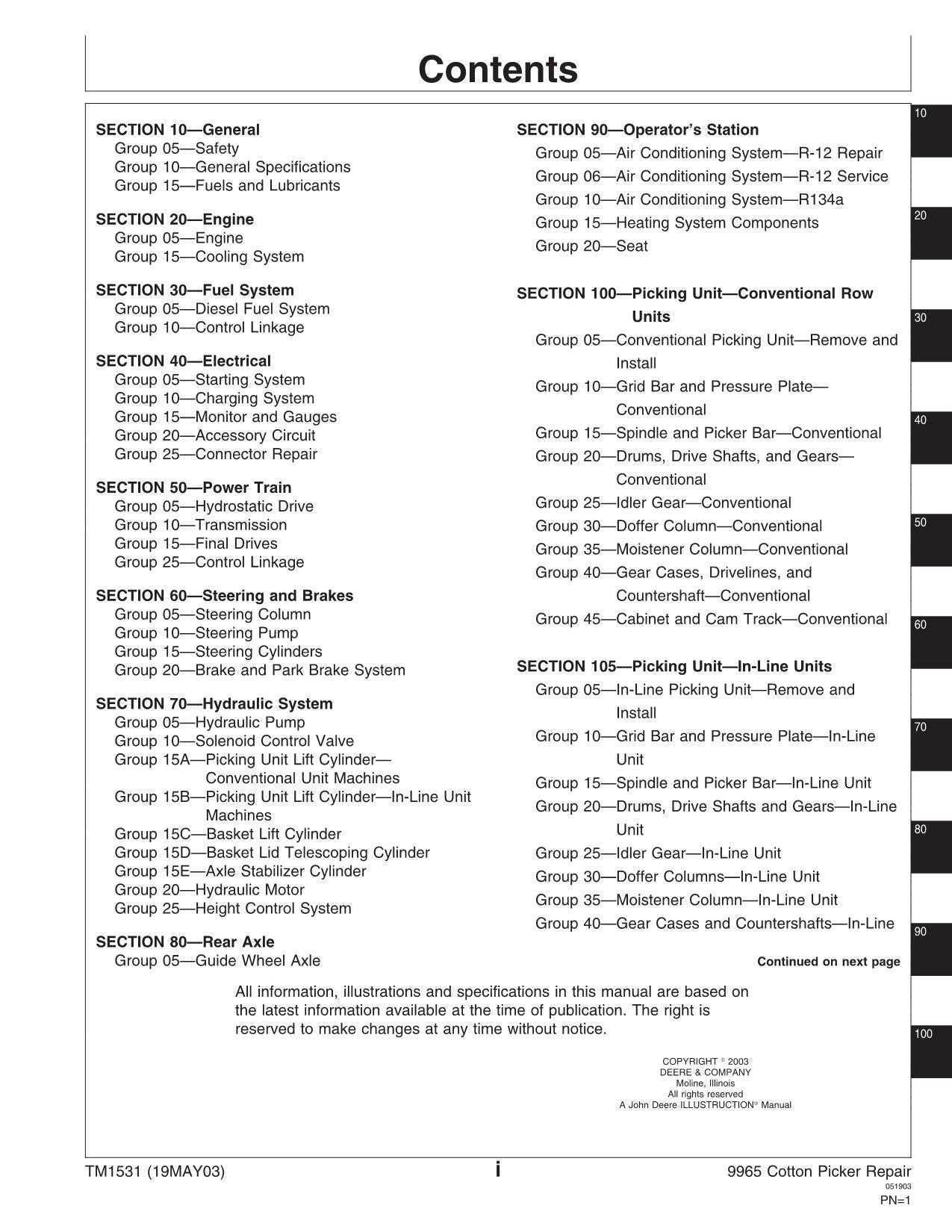 JONH DEERE 9965 COTTON PICKER REPAIR SERVICE MANUAL TM1531