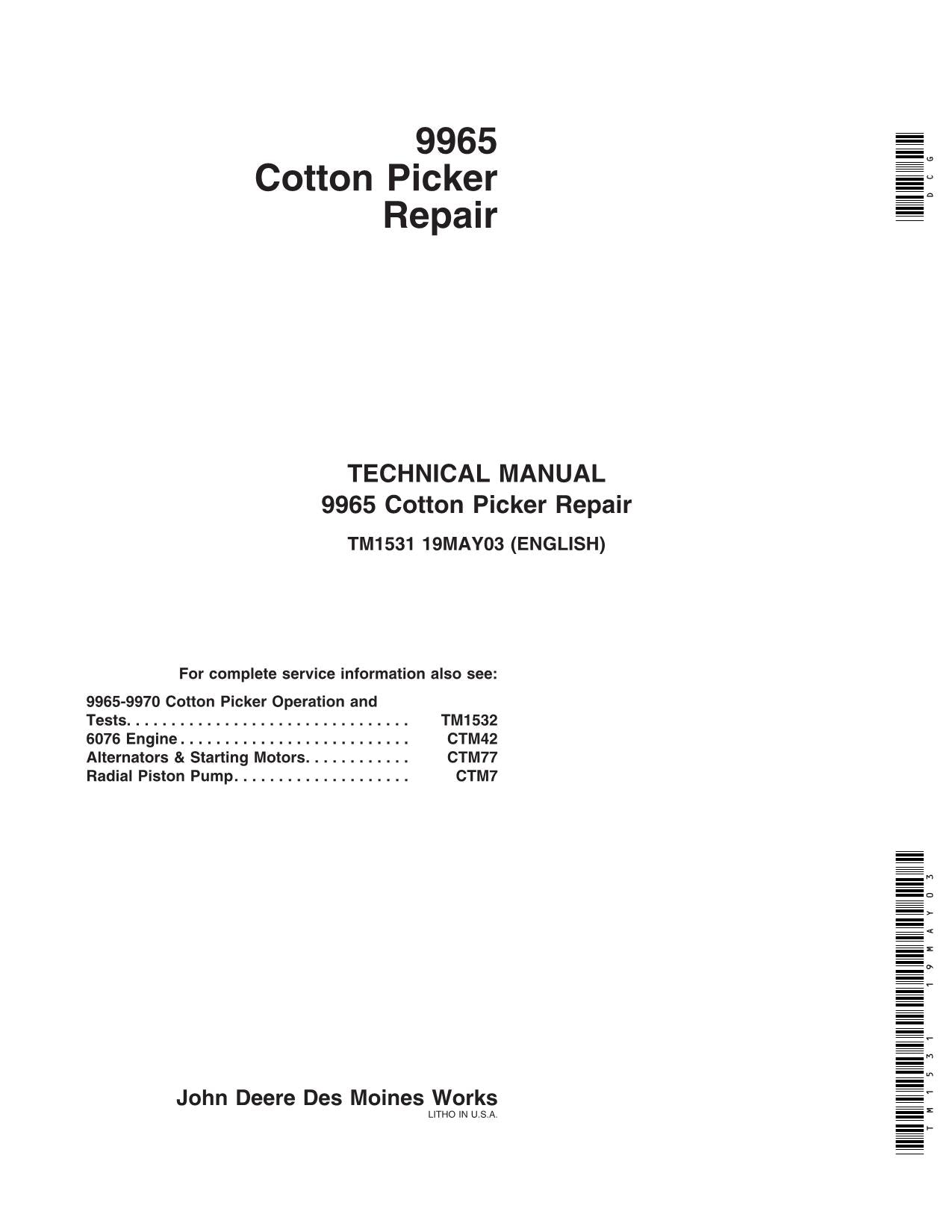 JONH DEERE 9965 COTTON PICKER REPAIR SERVICE MANUAL TM1531