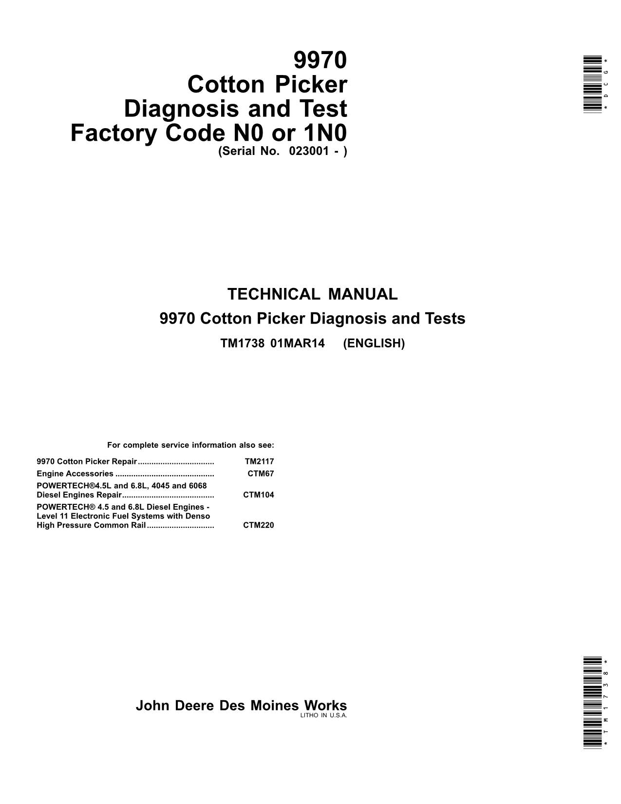 MANUEL D'ENTRETIEN ET DE DIAGNOSTIC DU CUEILLEUR DE COTON JONH DEERE 9970 TM1738