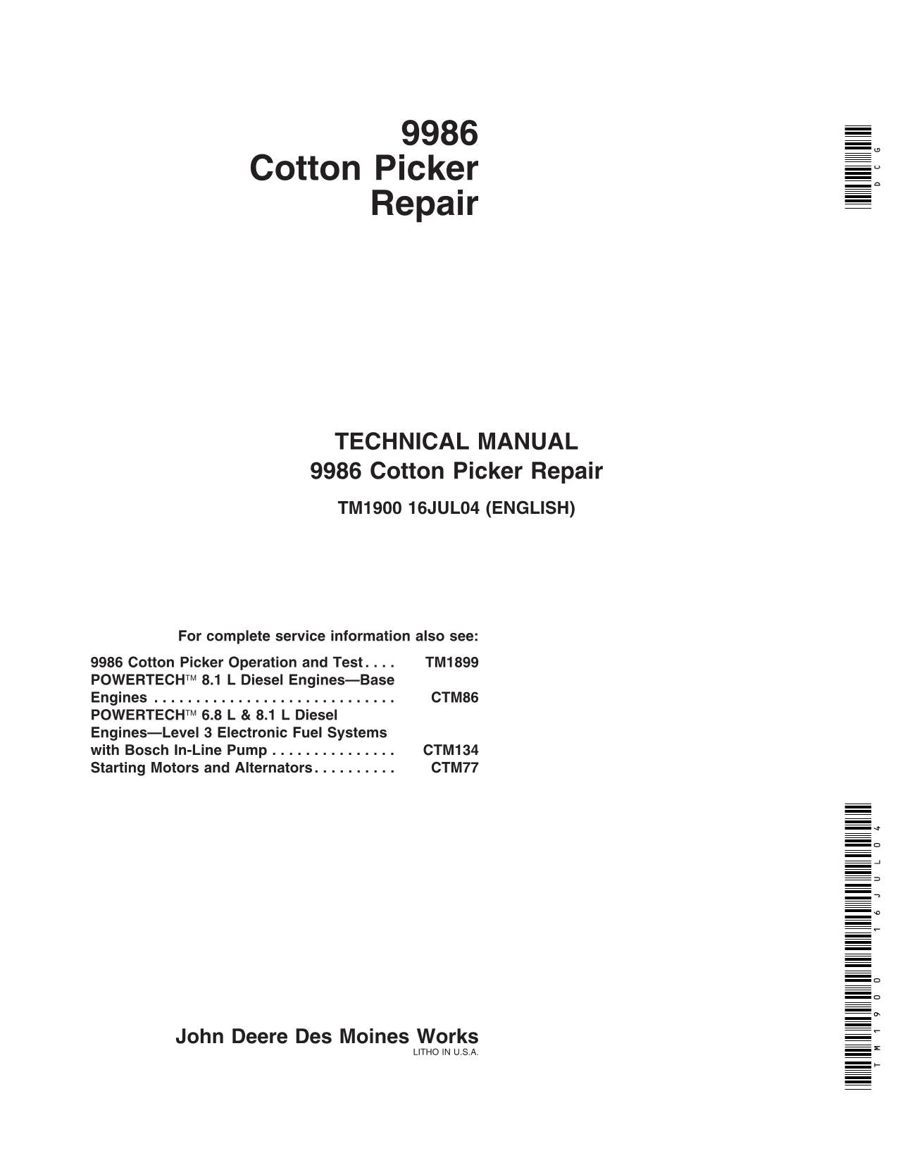 JONH DEERE 9986 COTTON PICKER REPAIR SERVICE MANUAL TM1900