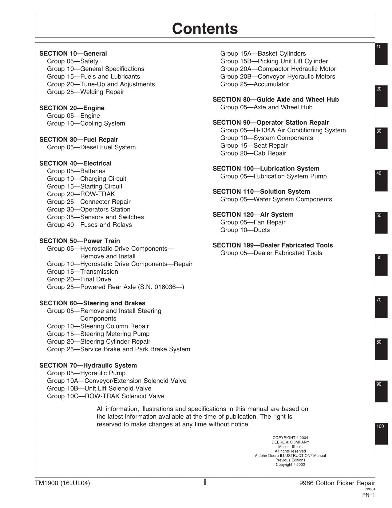 JONH DEERE 9986 COTTON PICKER REPAIR SERVICE MANUAL TM1900