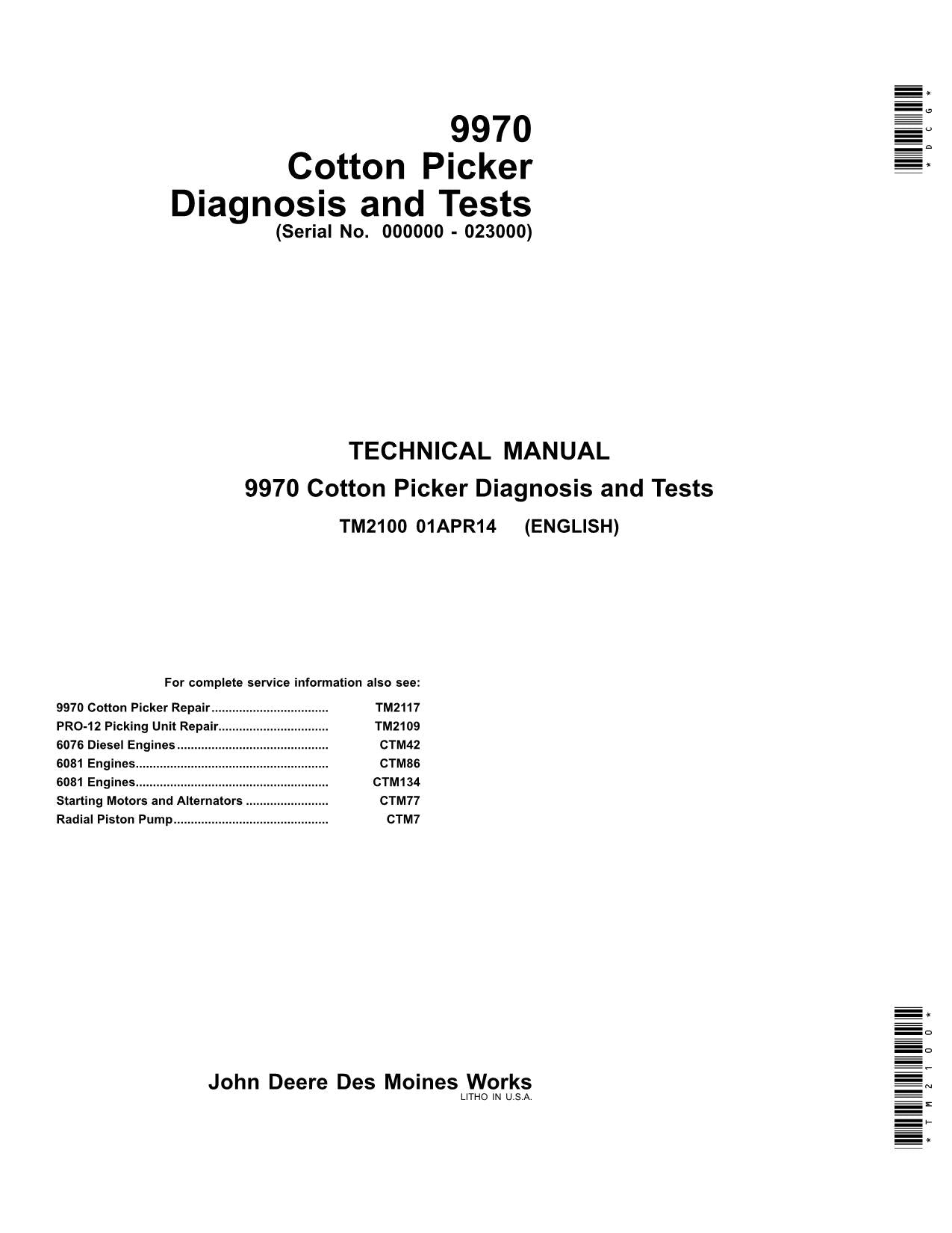 JONH DEERE 9970 BAUMWOLLPFlücker Diagnose-Servicehandbuch TM2100