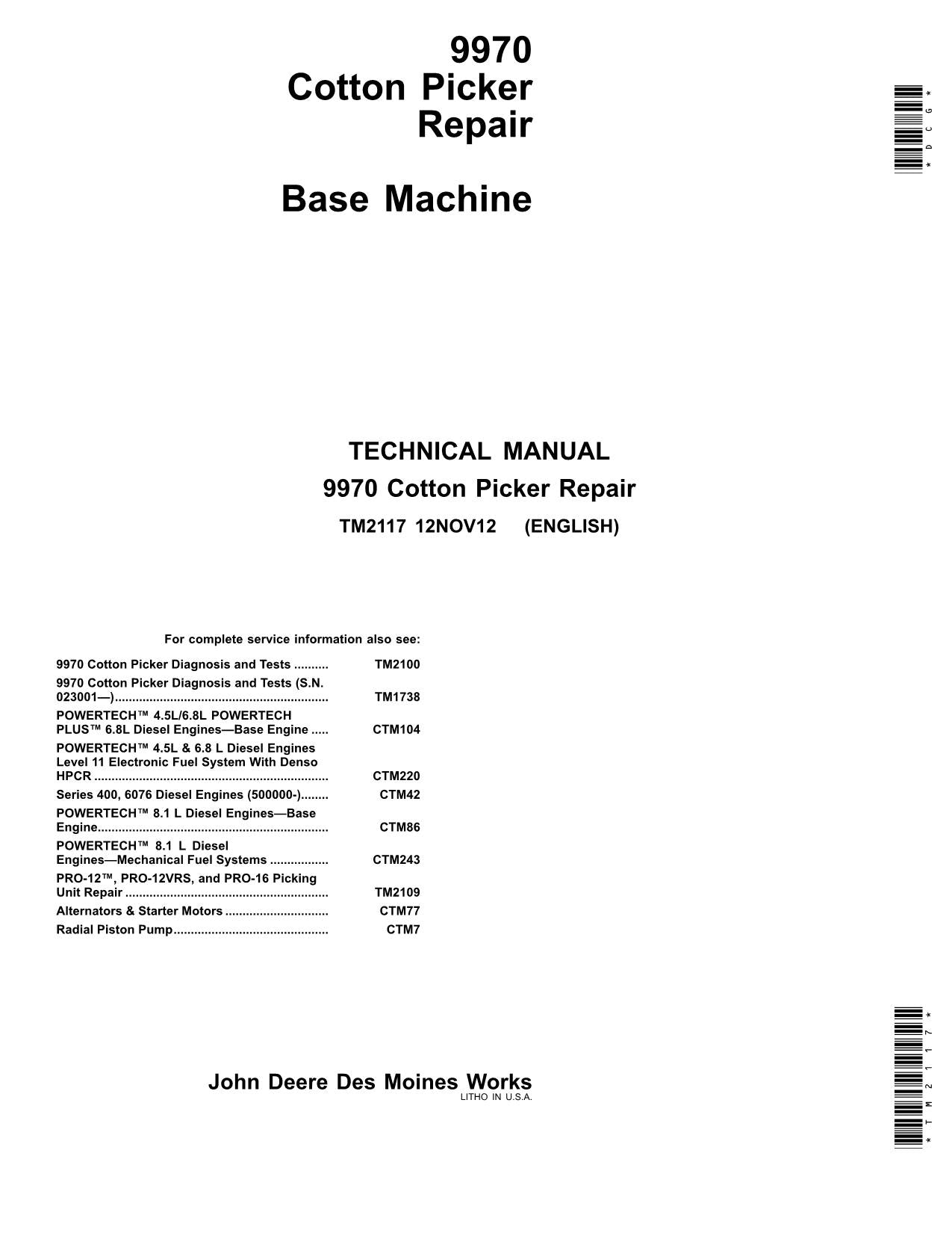 JONH DEERE 9970 COTTON PICKER REPAIR SERVICE MANUAL TM2117