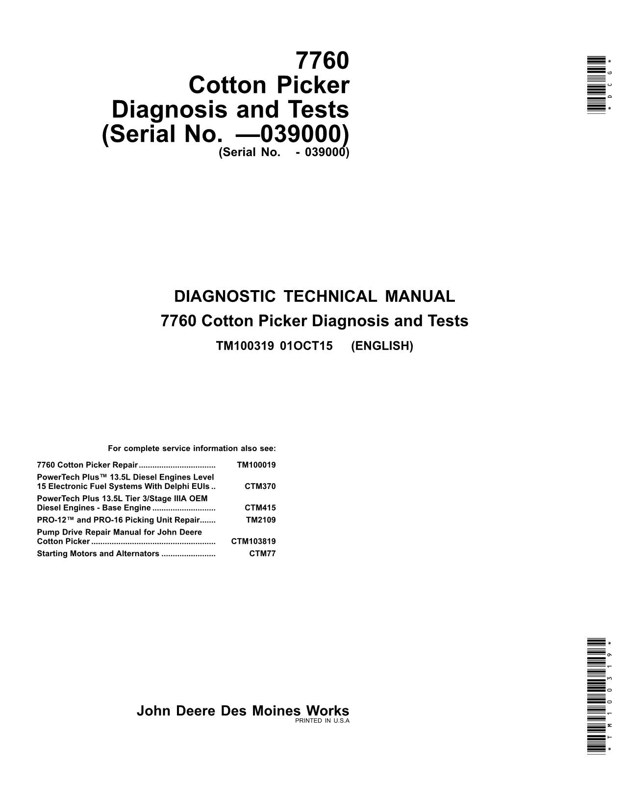 JONH DEERE 7760 BAUMWOLLPFlücker - DIAGNOSE-SERVICEHANDBUCH TM100319