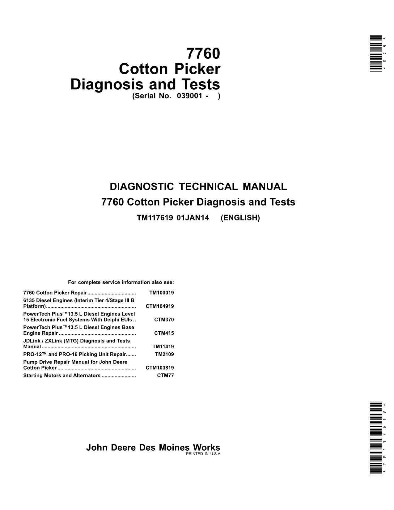 MANUEL D'ENTRETIEN ET DE DIAGNOSTIC DU CUEILLEUR DE COTON JONH DEERE 7760 TM117619