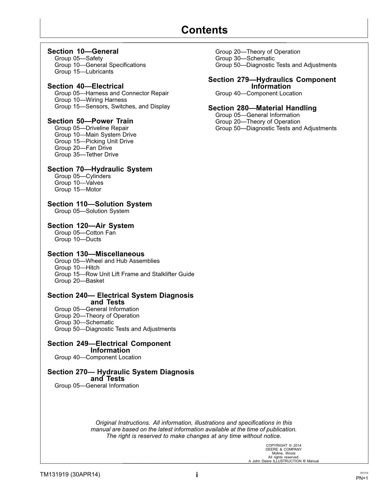 JONH DEERE CP20 COTTON PICKER REPAIR SERVICE MANUAL TM131919