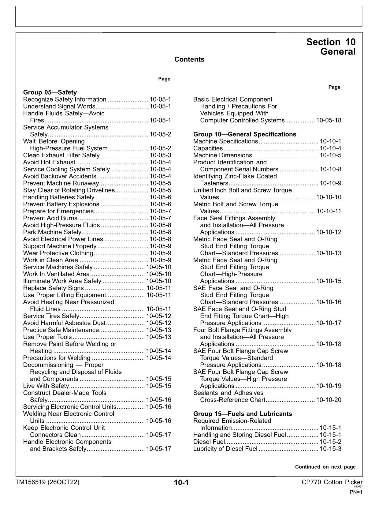 JONH DEERE CP770 COTTON PICKER REPAIR SERVICE MANUAL TM156519