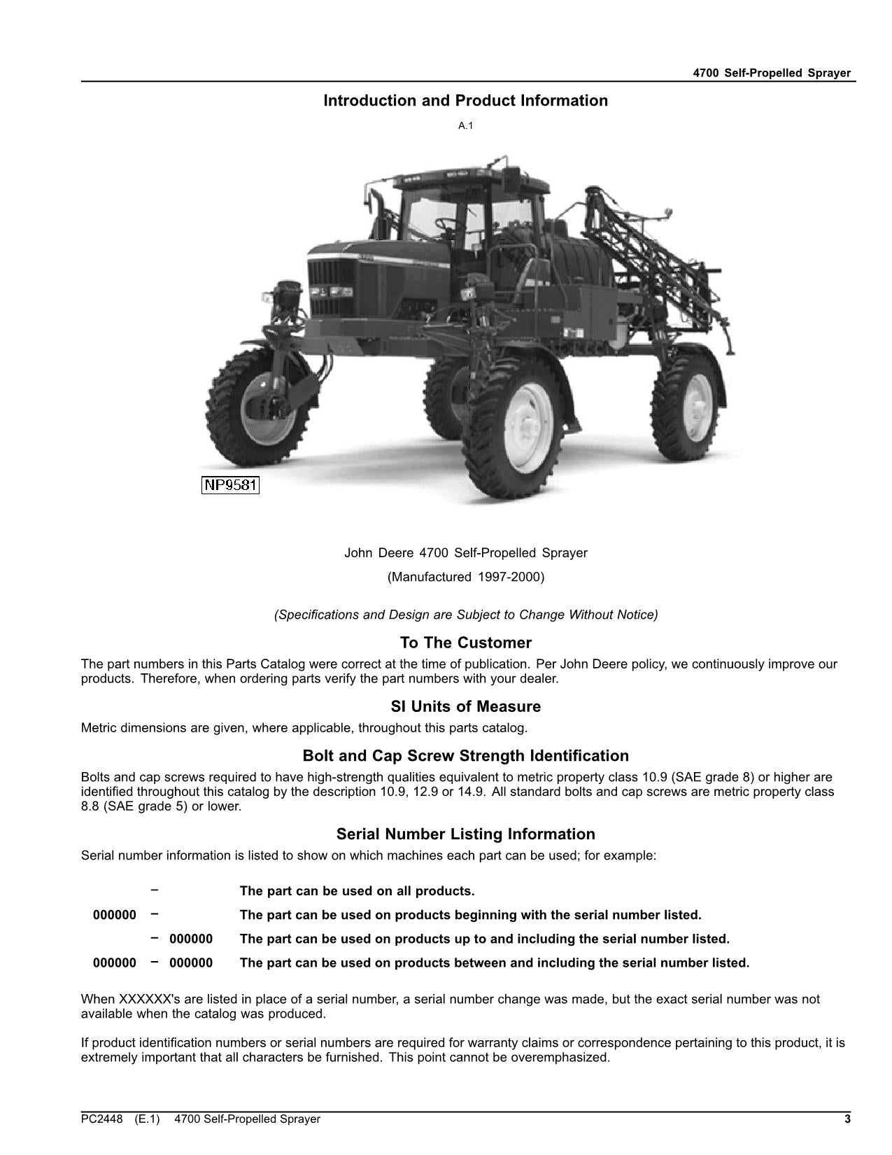 JOHN DEERE 4700 SELF-PROPELLED SPRAYER PARTS CATALOG MANUAL