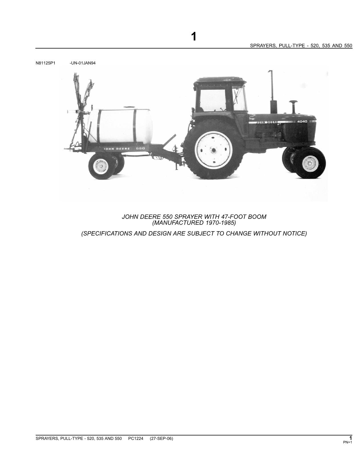 JOHN DEERE 520 535 550 PULL-TYPE SPRAYERS PARTS CATALOG MANUAL