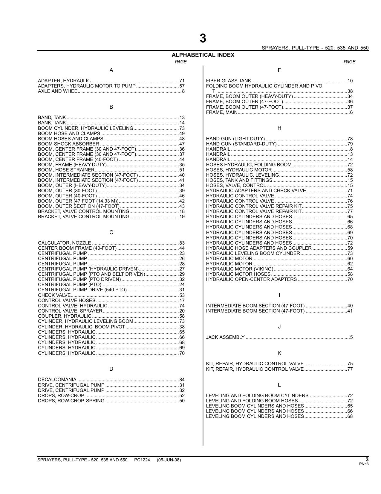 JOHN DEERE 520 535 550 PULL-TYPE SPRAYERS PARTS CATALOG MANUAL