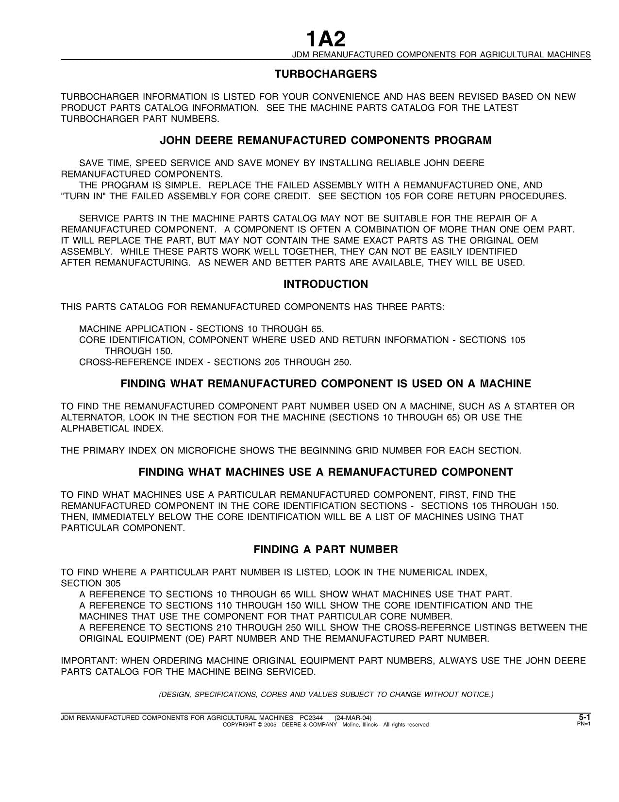 MANUEL D'IDENTIFICATION DES COMPOSANTS RECONDITIONNÉS JOHN DEERE CATALOGUE DES PIÈCES